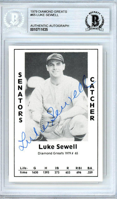 Luke Sewell Autographed 1979 Diamond Greats Card #65 Washington Senators Beckett BAS #10711635 - RSA