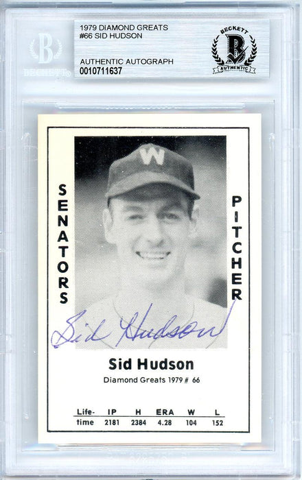Sid Hudson Autographed 1979 Diamond Greats Card #66 Washington Senators Beckett BAS #10711637 - RSA
