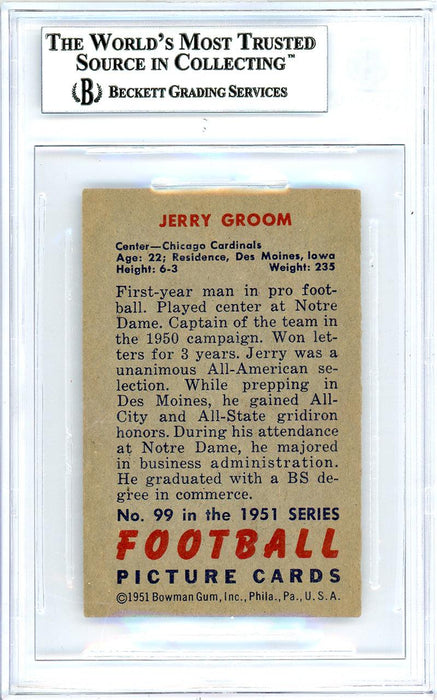 Jerry Groom Autographed 1951 Bowman Rookie Card #99 Chicago Cardinals Beckett BAS #10736547 - RSA