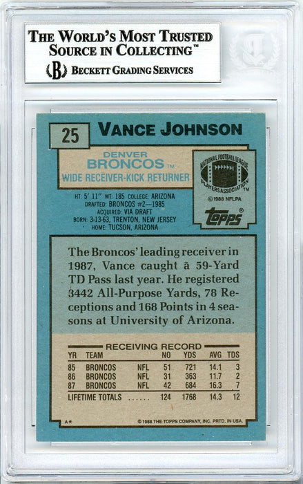 Vance Johnson Autographed 1988 Topps Card #25 Denver Broncos Beckett BAS #10737204 - RSA