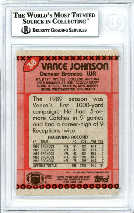 Vance Johnson Autographed 1990 Topps Card #38 Denver Broncos Beckett BAS #10739305 - RSA