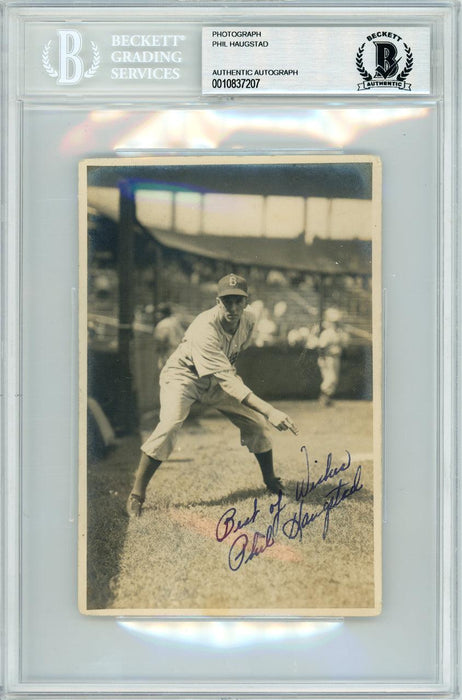 Phil Haugstad Autographed George Burke 4x6 Photo Brooklyn Dodgers "Best Wishes" Beckett BAS #10837207 - RSA