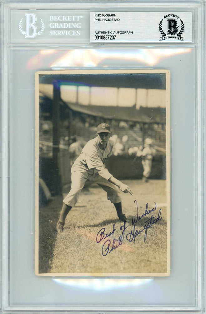 Phil Haugstad Autographed George Burke 4x6 Photo Brooklyn Dodgers "Best Wishes" Beckett BAS #10837207 - RSA