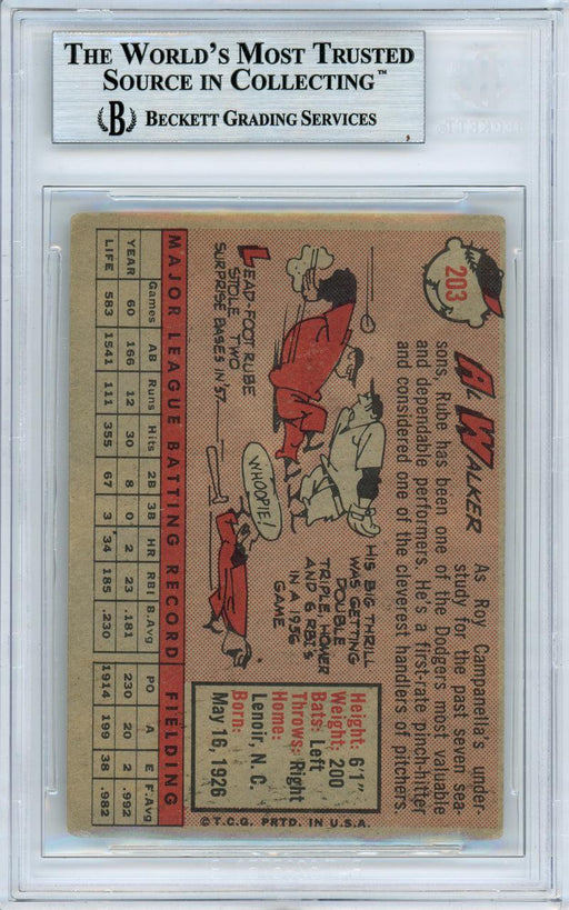 Al "Rube" Walker Autographed 1958 Topps Card #203 Brooklyn Dodgers Beckett BAS #10982224 - RSA