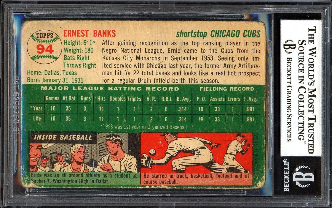 Ernie Banks Autographed 1954 Topps Card #94 Chicago Cubs Vintage Rookie Era Signature Beckett BAS #13022237 - RSA