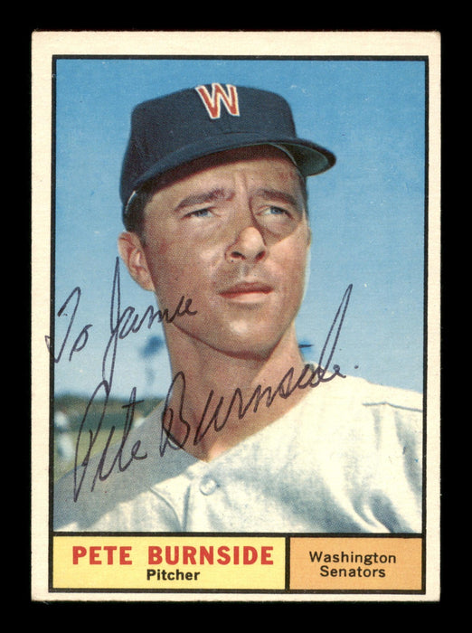 Pete Burnside Autographed 1961 Topps Card #507 Washington Senators "To Jamie" High Number SKU #197822 - RSA