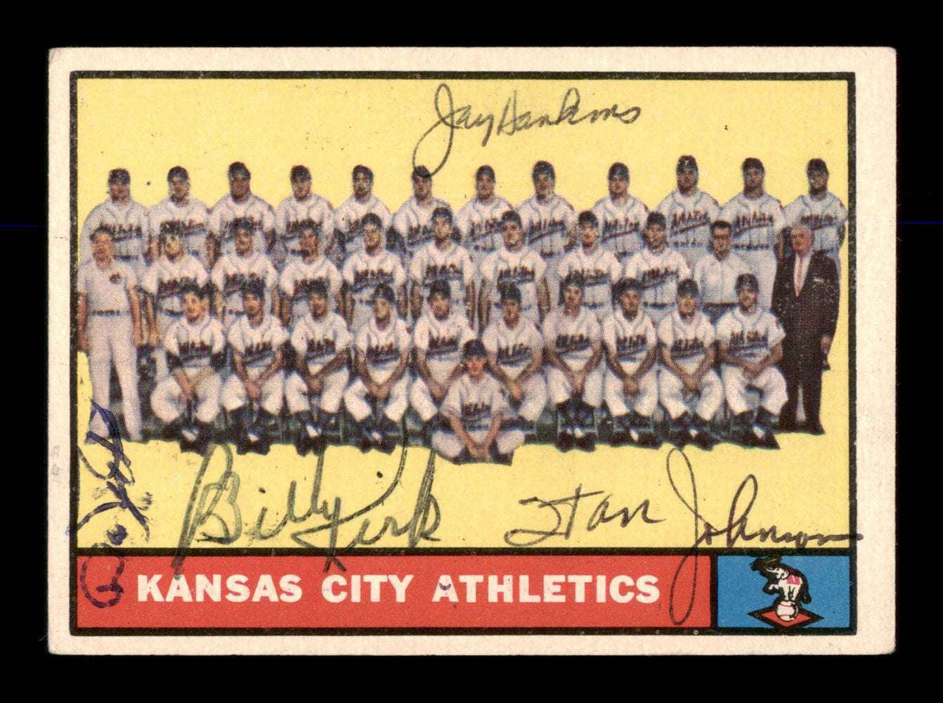 Jay Hankins, Stan Johnson, Bill Kirk & Dan Pfister Autographed 1961 Topps Team Card #297 Kansas City A's SKU #197944 - RSA