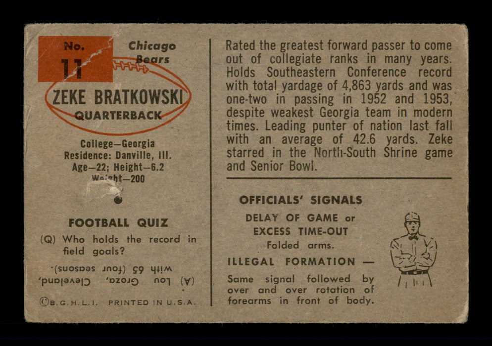 Zeke Bratkowski Autographed 1954 Bowman Rookie Card #11 Chicago Bears SKU #197966 - RSA