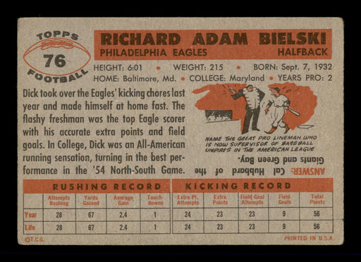 Dick Bielski Autographed 1956 Topps Card #76 Philadelphia Eagles SKU #197969 - RSA