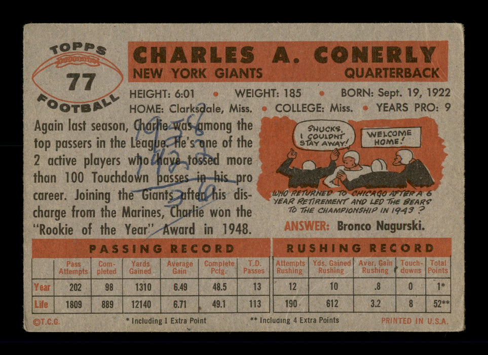 Charley Conerly Autographed 1956 Topps Card #77 New York Giants (Off-Condition) SKU #197970 - RSA