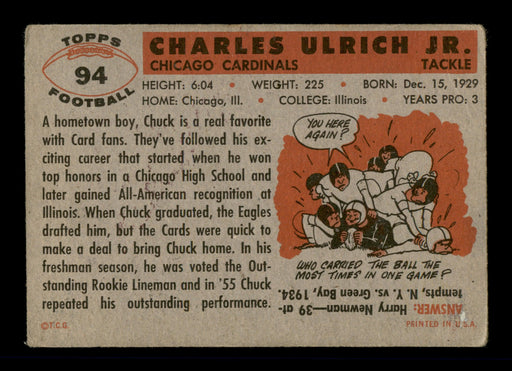 Chuck Ulrich Autographed 1956 Topps Card #94 Chicago Cardinals SKU #197976 - RSA
