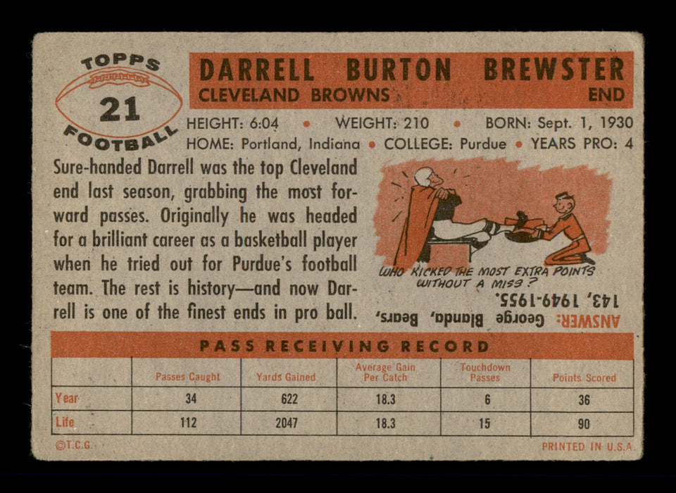 Darrell Pete Brewster Autographed 1956 Topps Card #21 Cleveland Browns SKU #198004 - RSA