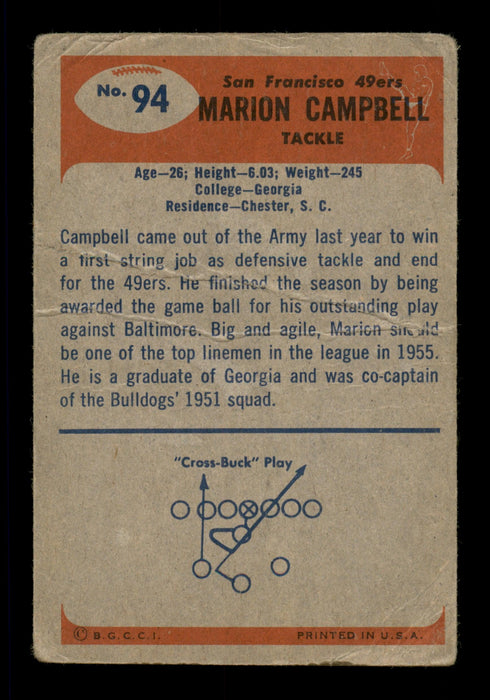 Marion Campbell Autographed 1955 Bowman Card #94 San Francisco 49ers (Off-Condition) SKU #198021 - RSA