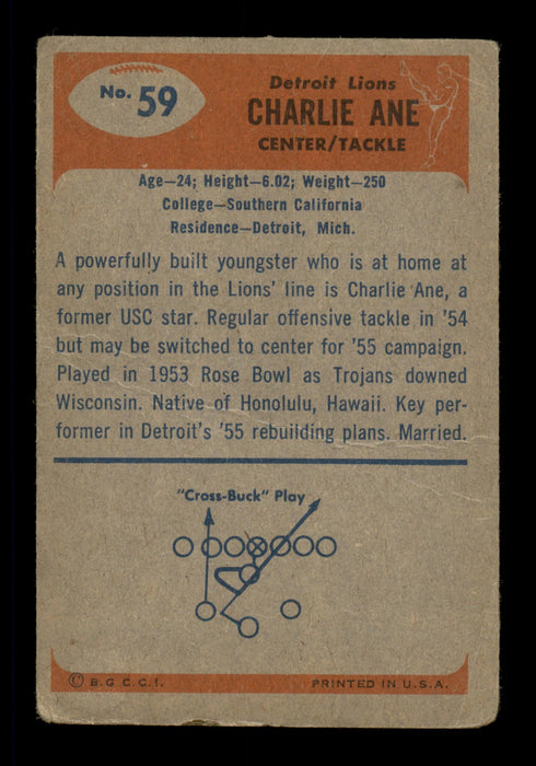 Charlie Ane Autographed 1955 Bowman Rookie Card #59 Detroit Lions SKU #198033 - RSA