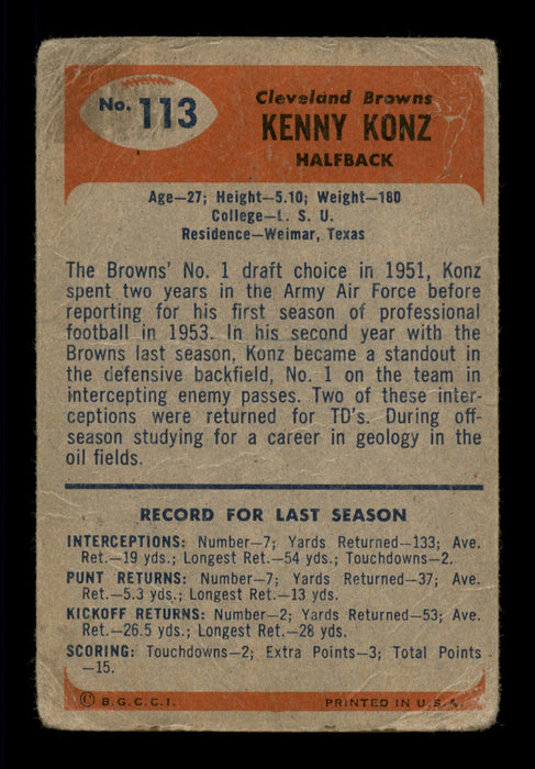 Ken Konz Autographed 1955 Bowman Rookie Card #113 Cleveland Browns SKU #198043 - RSA