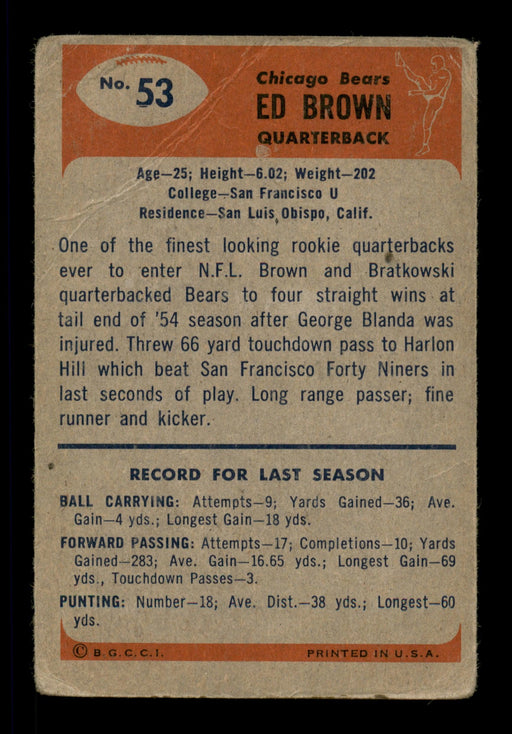 Ed Brown Autographed 1955 Bowman Rookie Card #53 Chicago Bears (Off-Condition) SKU #198046 - RSA