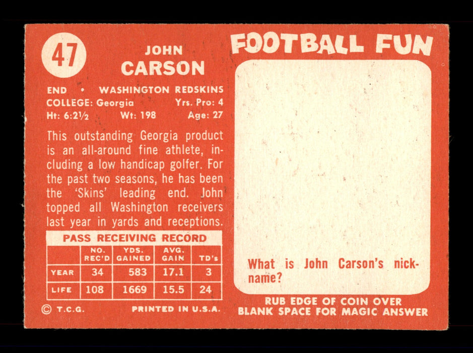 John Carson Autographed 1958 Topps Card #47 Washington SKU #198169 - RSA