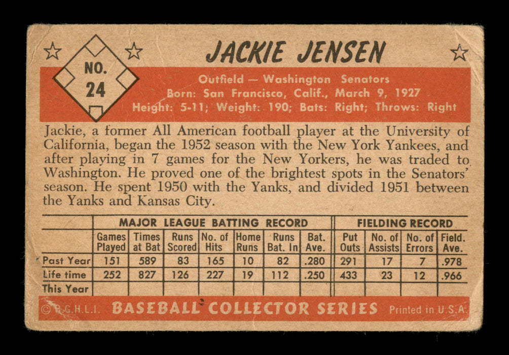 Jackie Jensen Autographed 1953 Bowman Card #24 Washington Senators SKU #198223 - RSA