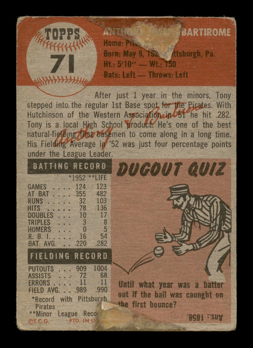 Tony Bartirome Autographed 1953 Topps Card #71 Pittsburgh Pirates (Off-Condition) SKU #198233 - RSA