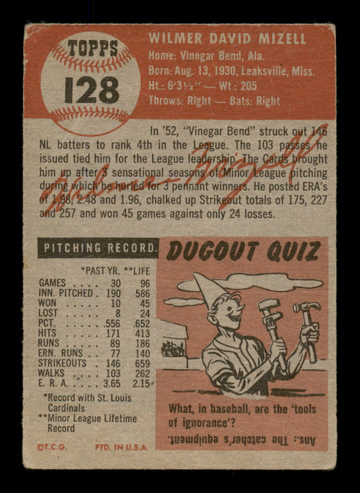 Wilmer Vinegar Bend Mizell Autographed 1953 Topps Card #128 St. Louis Cardinals SKU #198245 - RSA
