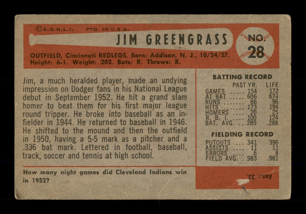 Jim Greengrass Autographed 1954 Bowman Card #28 Cincinnati Reds SKU #198279 - RSA