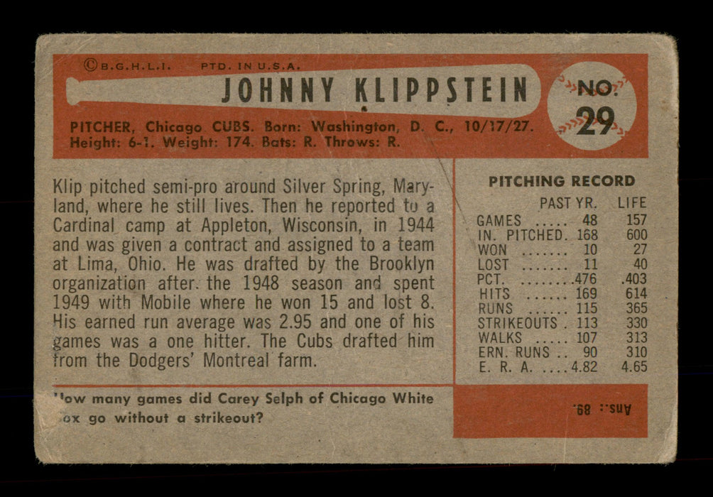 Johnny Klippstein Autographed 1954 Bowman Card #29 Chicago Cubs SKU #198280 - RSA