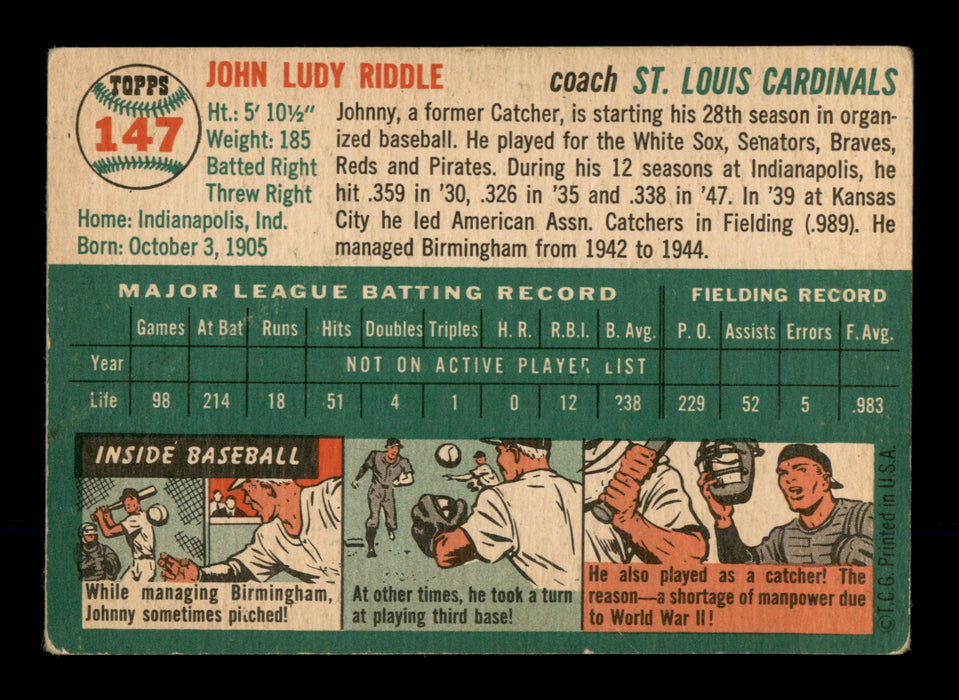 John Riddle Autographed 1954 Topps Card #147 St. Louis Cardinals SKU #198293 - RSA