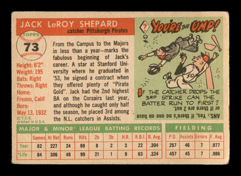 Jack Shepard Autographed 1955 Topps Card #73 Pittsburgh Pirates SKU #198338 - RSA
