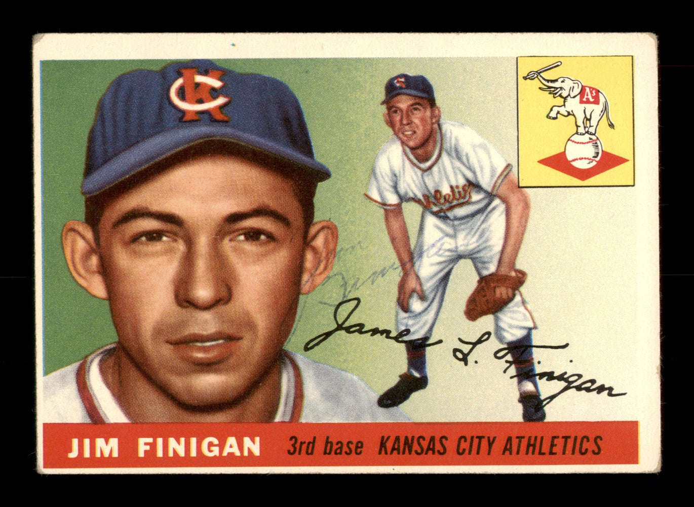 Jim Finigan Autographed 1955 Topps Rookie Card #14 Kansas City A's SKU #198344 - RSA