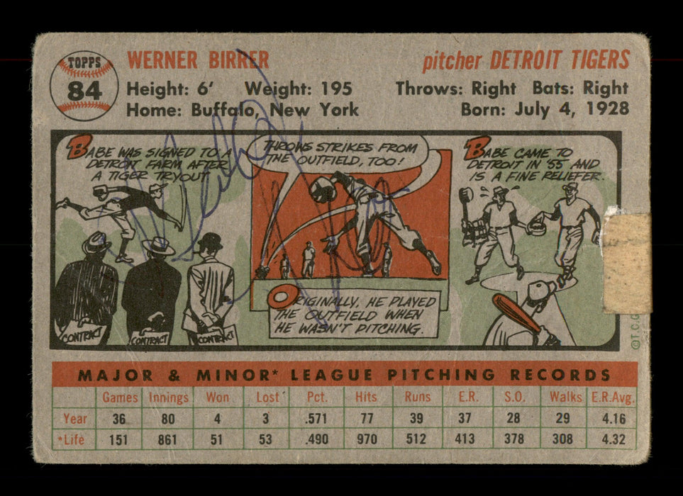 Babe Birrer Autographed 1956 Topps Rookie Card #84 Detroit Tigers (Bad Condition) SKU #198403 - RSA