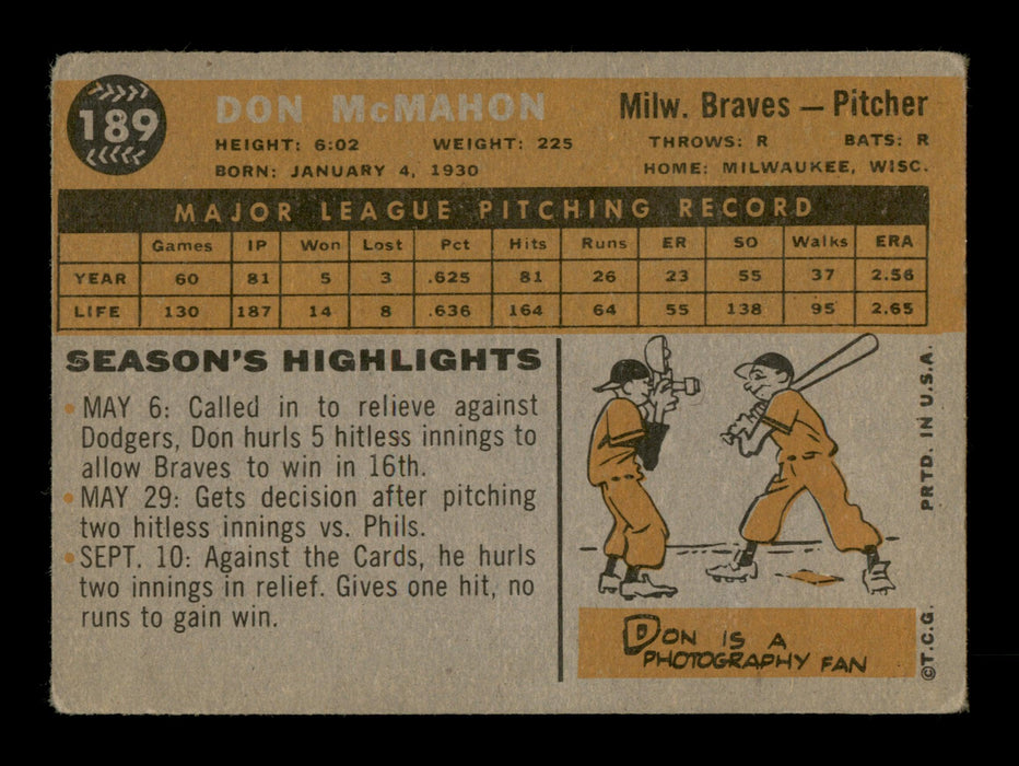 Don McMahon Autographed 1960 Topps Card #189 Milwaukee Braves SKU #198705 - RSA