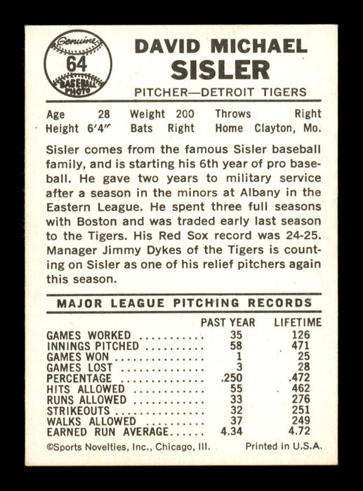 Dave Sisler Autographed 1960 Leaf Card #64 Detroit Tigers SKU #198796 - RSA