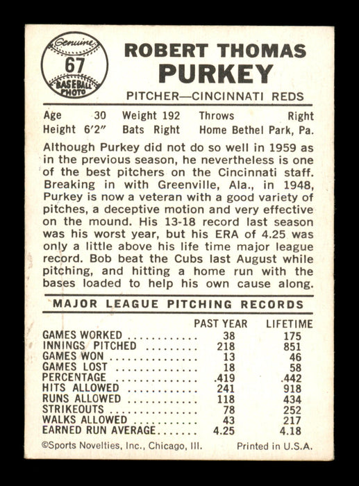 Bob Purkey Autographed 1960 Leaf Card #67 Cincinnati Reds SKU #198798 - RSA