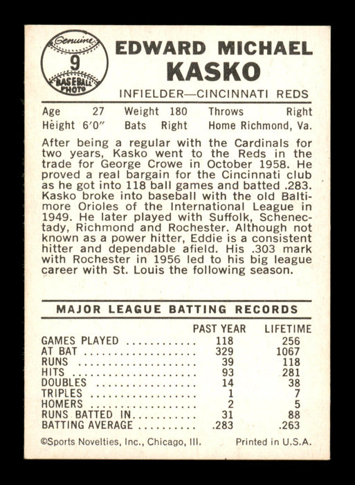 Eddie Kasko Autographed 1960 Leaf Card #9 Cincinnati Reds SKU #198801 - RSA