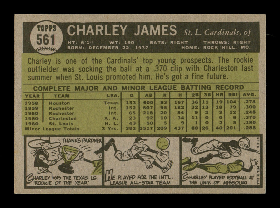 Charley Charlie James Autographed 1961 Topps Card #561 St. Louis Cardinals High Number SKU #198843 - RSA