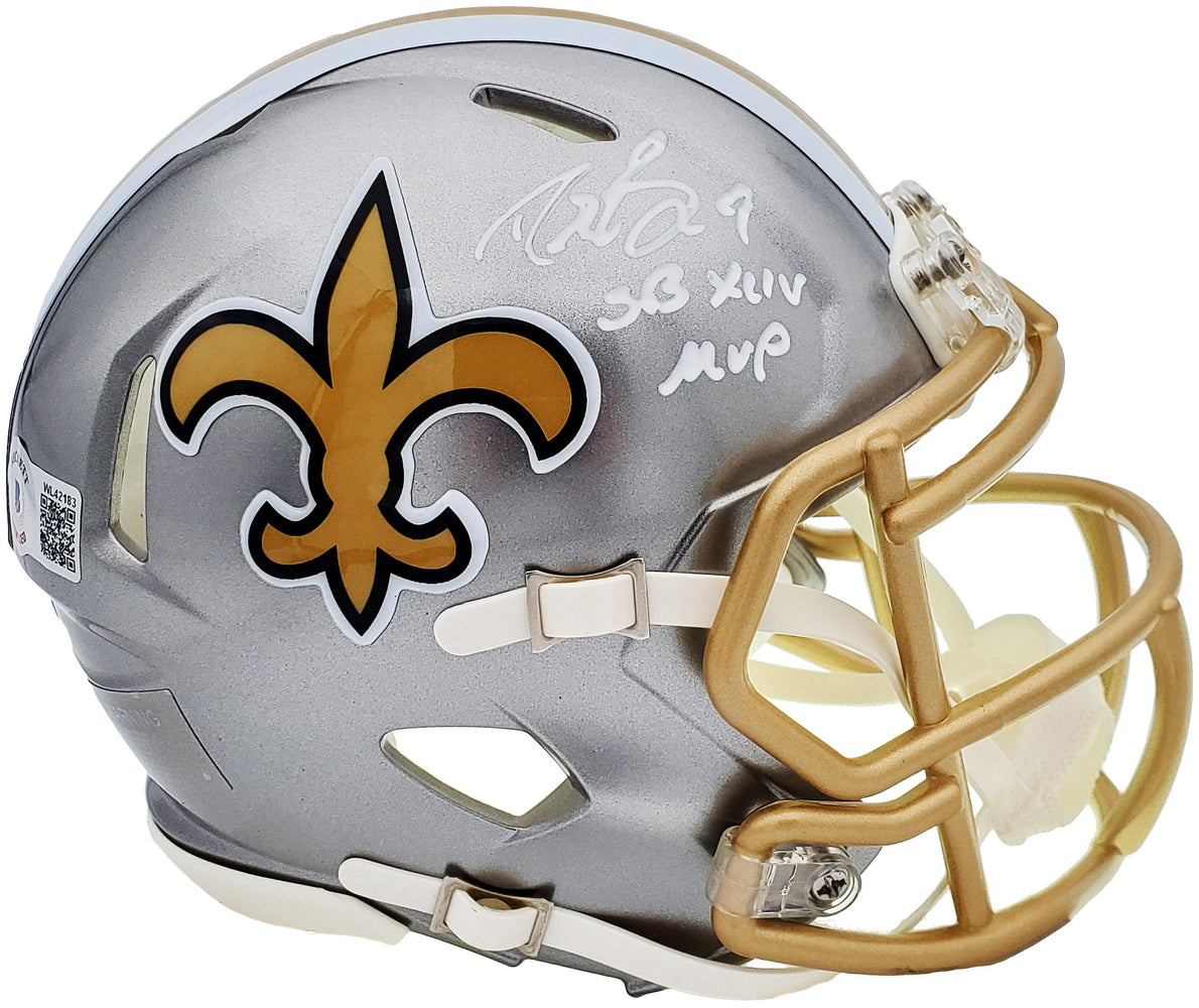 Drew Brees Autographed New Orleans Saints Flash Silver Speed Mini Helmet "SB XLIV MVP" Beckett BAS QR Stock #197458 - RSA