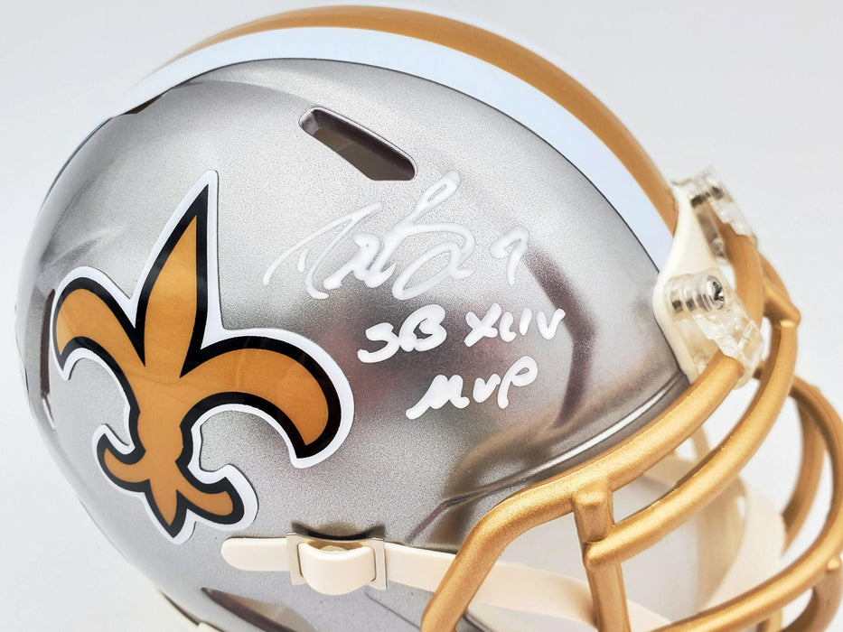 Drew Brees Autographed New Orleans Saints Flash Silver Speed Mini Helmet "SB XLIV MVP" Beckett BAS QR Stock #197458 - RSA