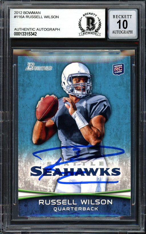 Russell Wilson Autographed 2012 Bowman Rookie Card #116 Seattle Seahawks Auto Grade Gem Mint 10 Beckett BAS #13315342 - RSA