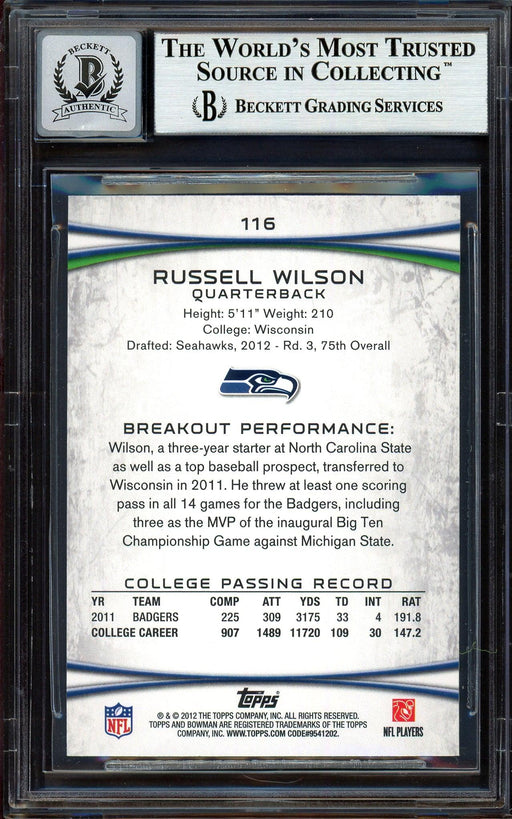 Russell Wilson Autographed 2012 Bowman Rookie Card #116 Seattle Seahawks Auto Grade Gem Mint 10 Beckett BAS #13315342 - RSA
