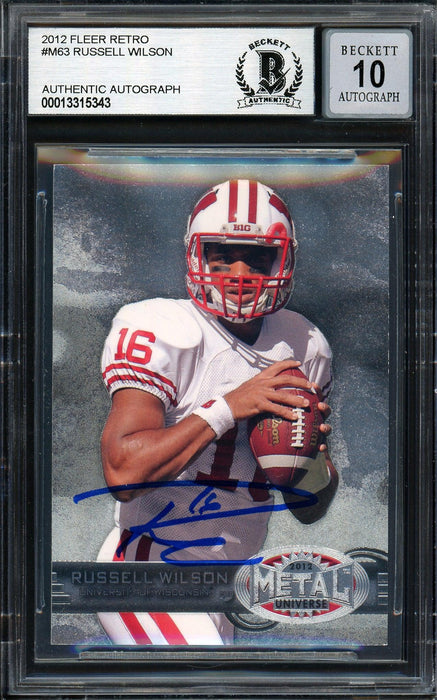 Russell Wilson Autographed 2012 Fleer Retro Metal Rookie Card #M-63 Seattle Seahawks Auto Grade Gem Mint 10 Beckett BAS #13315343 - RSA