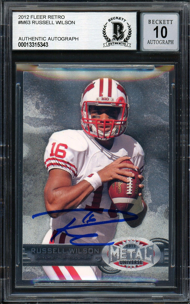 Russell Wilson Autographed 2012 Fleer Retro Metal Rookie Card #M-63 Seattle Seahawks Auto Grade Gem Mint 10 Beckett BAS #13315343 - RSA
