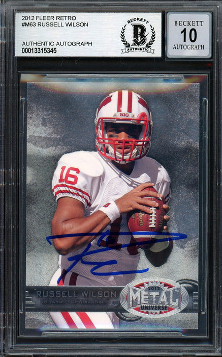 Russell Wilson Autographed 2012 Fleer Retro Metal Rookie Card #M-63 Seattle Seahawks Auto Grade Gem Mint 10 Beckett BAS #13315345 - RSA