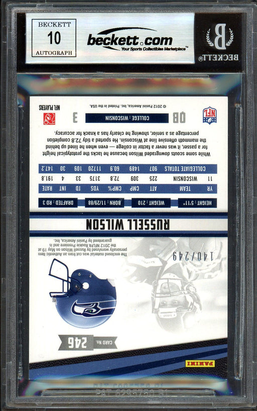 Russell Wilson Autographed 2012 Panini Rookie Stars Longevity Materials Rookie Card #246 Seattle Seahawks Auto Grade Gem Mint 10 #140/249 Beckett BAS #13315346 - RSA