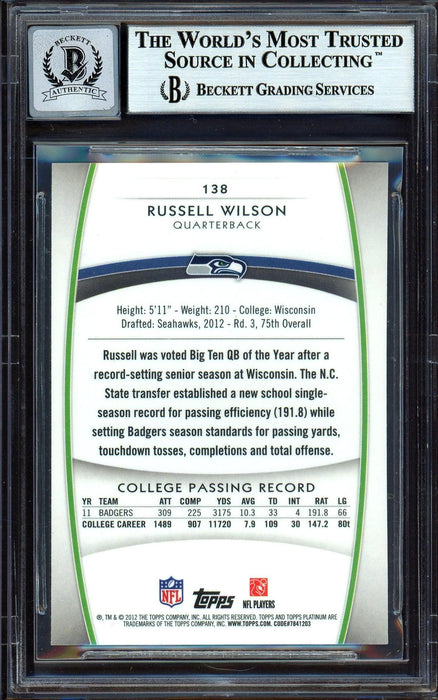 Russell Wilson Autographed 2012 Topps Platinum Rookie Card #138 Seattle Seahawks Auto Grade Gem Mint 10 Beckett BAS #13315617 - RSA