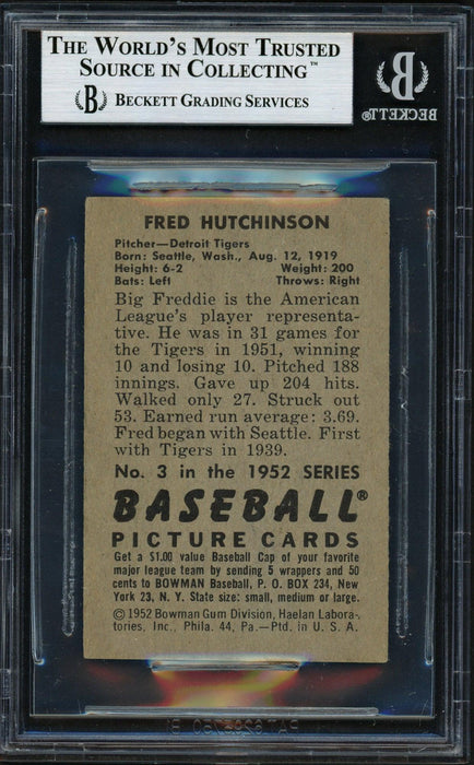 Fred Hutchinson Autographed 1952 Bowman Card #3 Detroit Tigers Beckett BAS #12074552 - RSA