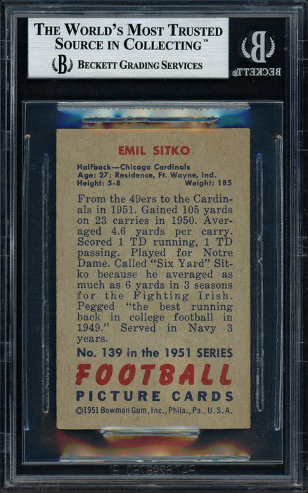 Emil Sitko Autographed 1951 Bowman Card #139 Notre Dame Fighting Irish Beckett BAS #11076624 - RSA