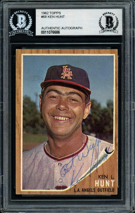 Ken Hunt Autographed 1962 Topps Card #68 Los Angeles Angels "Best Wishes" Beckett BAS #11076686 - RSA