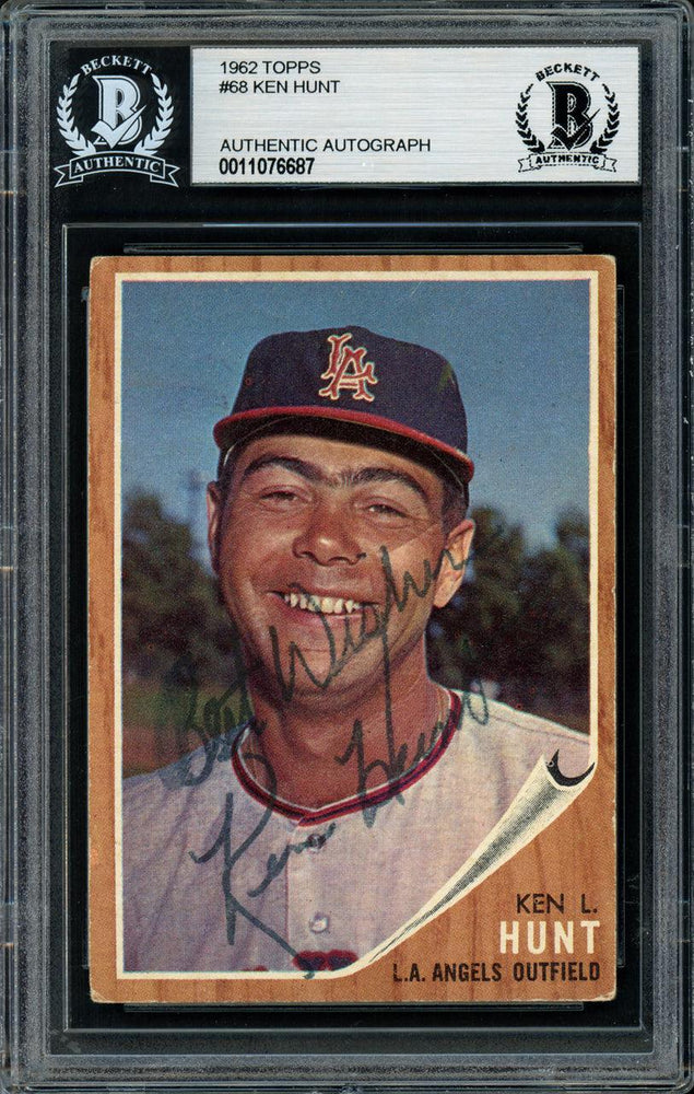 Ken Hunt Autographed 1962 Topps Card #68 Los Angeles Angels "Best Wishes" Beckett BAS #11076687 - RSA