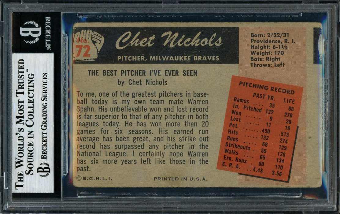 Chet Nichols Autographed 1955 Bowman Card #72 Milwaukee Braves Beckett BAS #11077276 - RSA