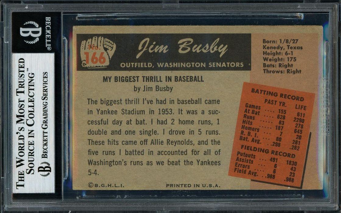 Jim Busby Autographed 1955 Bowman Card #166 Washington Senators Beckett BAS #11077295 - RSA